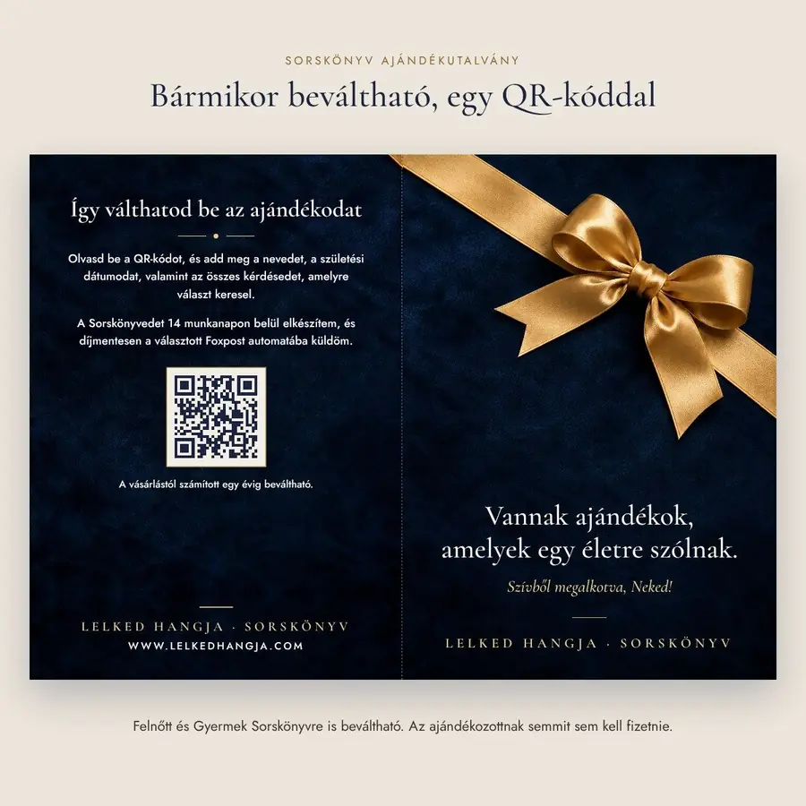 A Sorskönyv ajándékutalvány külső oldala: beváltási útmutató QR-kóddal és a mélykék, arany szalagos címlap